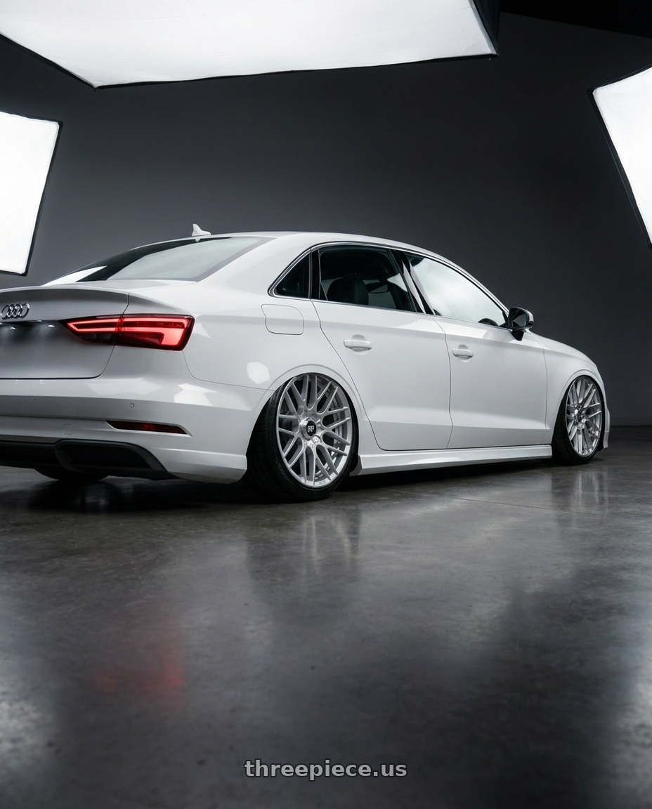 2018 Audi A3 Quattro premium with Rotiform 1PC R140 RSE BLANK 20X10 +25 GLOSS SILVER wheels rear three quarter view slight stretch tires
