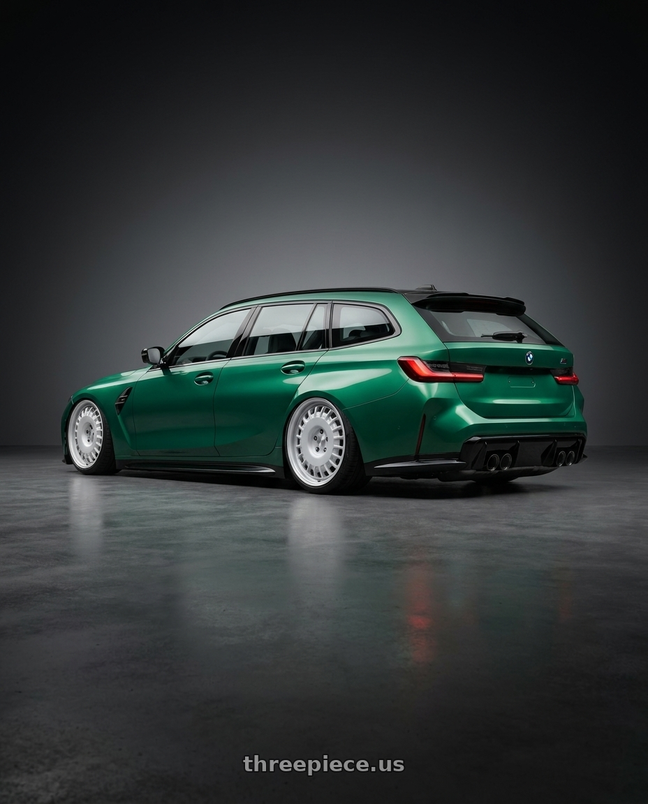 2026 Bmw m3 touring with Rotiform RC205 PMF 5X112 20x8.5 +35 GLOSS SILVER wheels rear three quarter view slight stretch tires