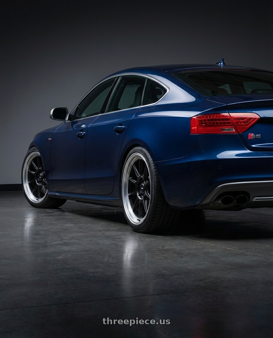 2014 Audi S5 B8 with Konig Countergram 5x112 19x11+40 Matte Black / Matte Machined Lip wheels rear three quarter view square tires