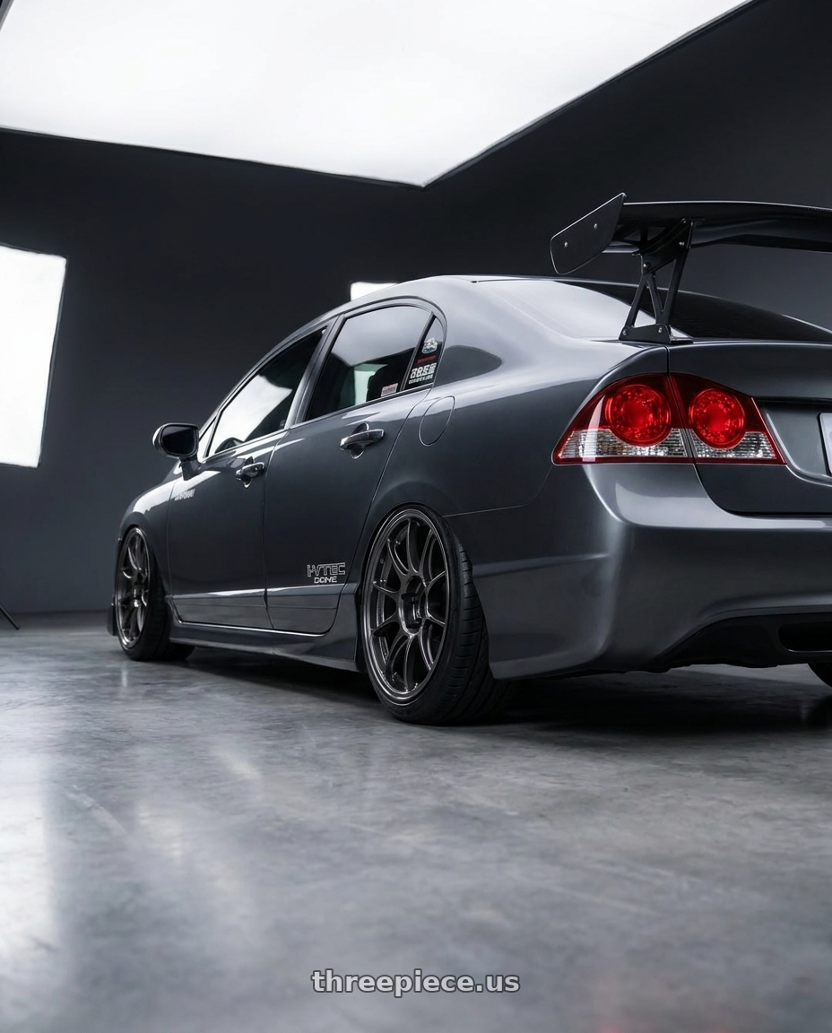 2009 HONDA CIVIC with WedsSport TC105X Forged 5x114.3 18x8.5+43 Face 1 / EJ-TI wheels rear three quarter view extreme stretch tires