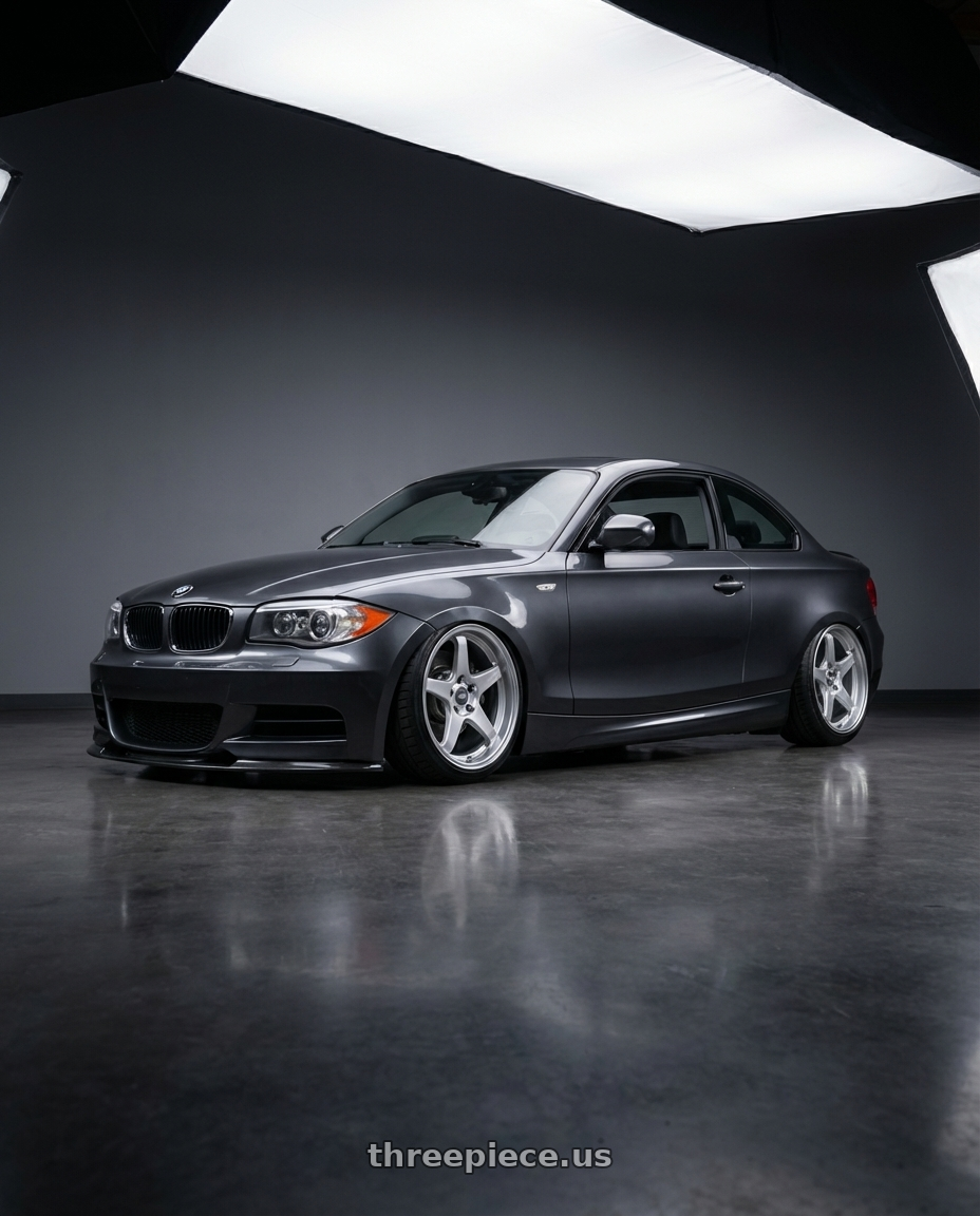2012 BMW 1 Series E82 with ESR Wheels APEX SERIES AP5 5x120 19x8.5 +30 Hyper Silver wheels front three quarter view stanced stance