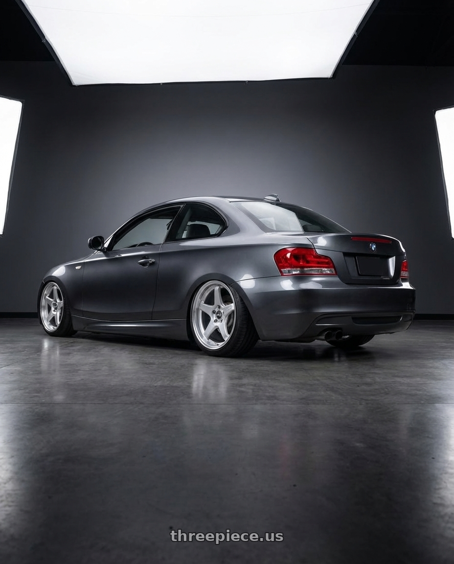 2012 BMW 1 Series E82 with ESR Wheels APEX SERIES AP5 5x120 19x8.5 +30 Hyper Silver wheels rear three quarter view slight stretch tires