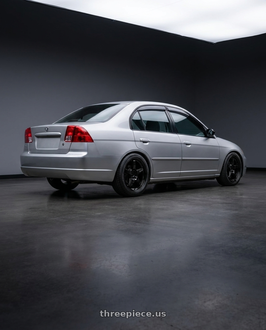 2002 Honda Civic with Gram Lights 57CR 4x100 17x7 +38 Gloss Black wheels rear three quarter view square tires