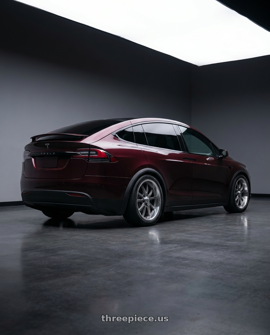 2022 Tesla Model X with Ridler Type 650 5x120 20x10+38 Grey/Polished Lip wheels rear three quarter view square tires
