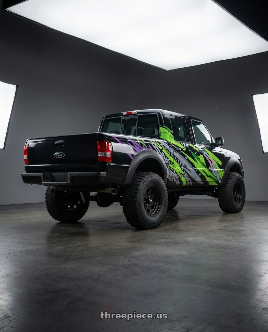 Ford ranger 3.0 powerstroke 2005 cabine dupla adesivada com gráfico with Scale 4X4 Sahara 5x114.3 16x8.0 +0 Matte Black wheels rear three quarter view meaty tires