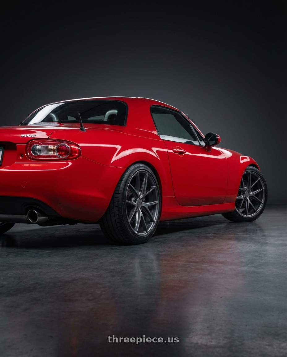 2012 Mazda MX-5 Miata NC with Niche 1PC M116 MISANO 5X114.3 17X8 +40 MATTE GUN METAL wheels rear three quarter view square tires