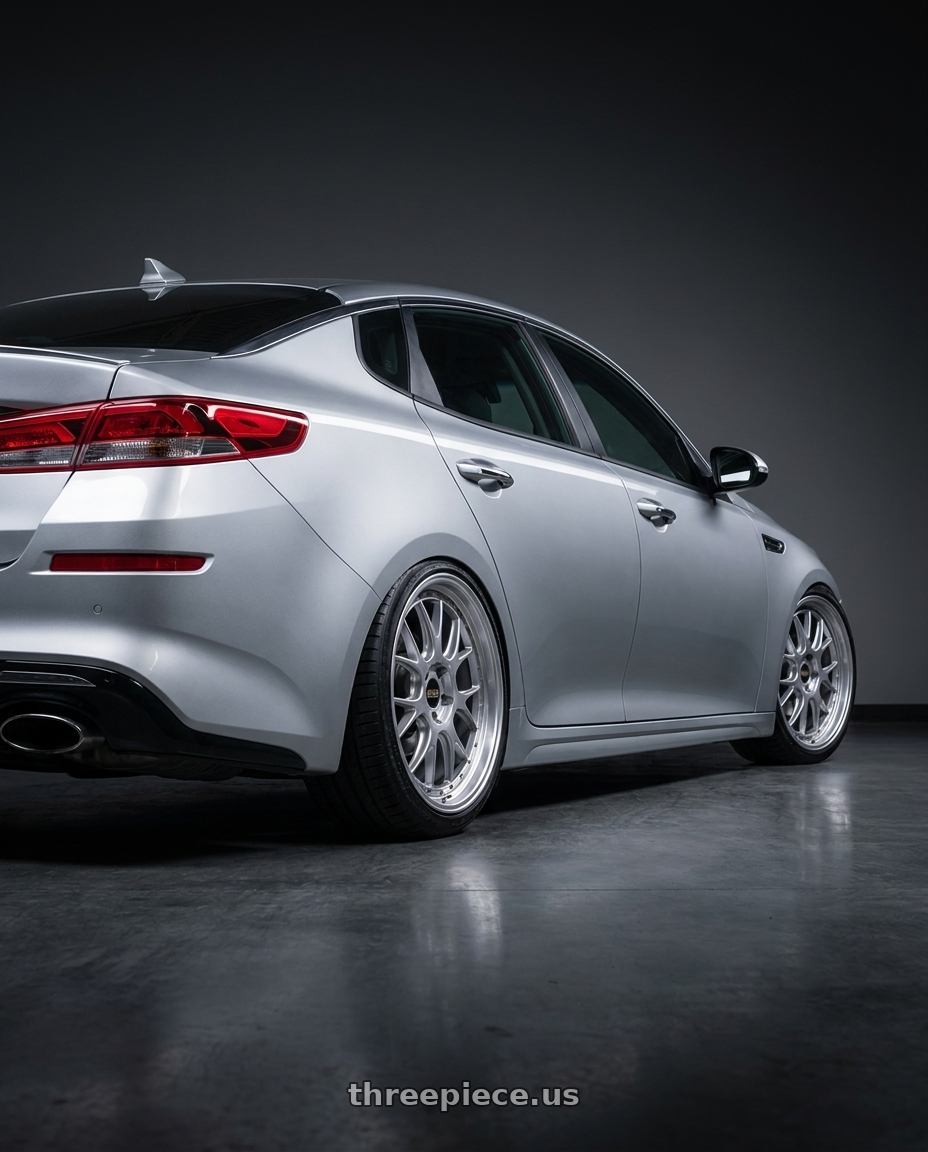 2019 kia optima s with BBS LM-R 5x114.3 19x8.5+43 Diamond Silver wheels rear three quarter view square tires