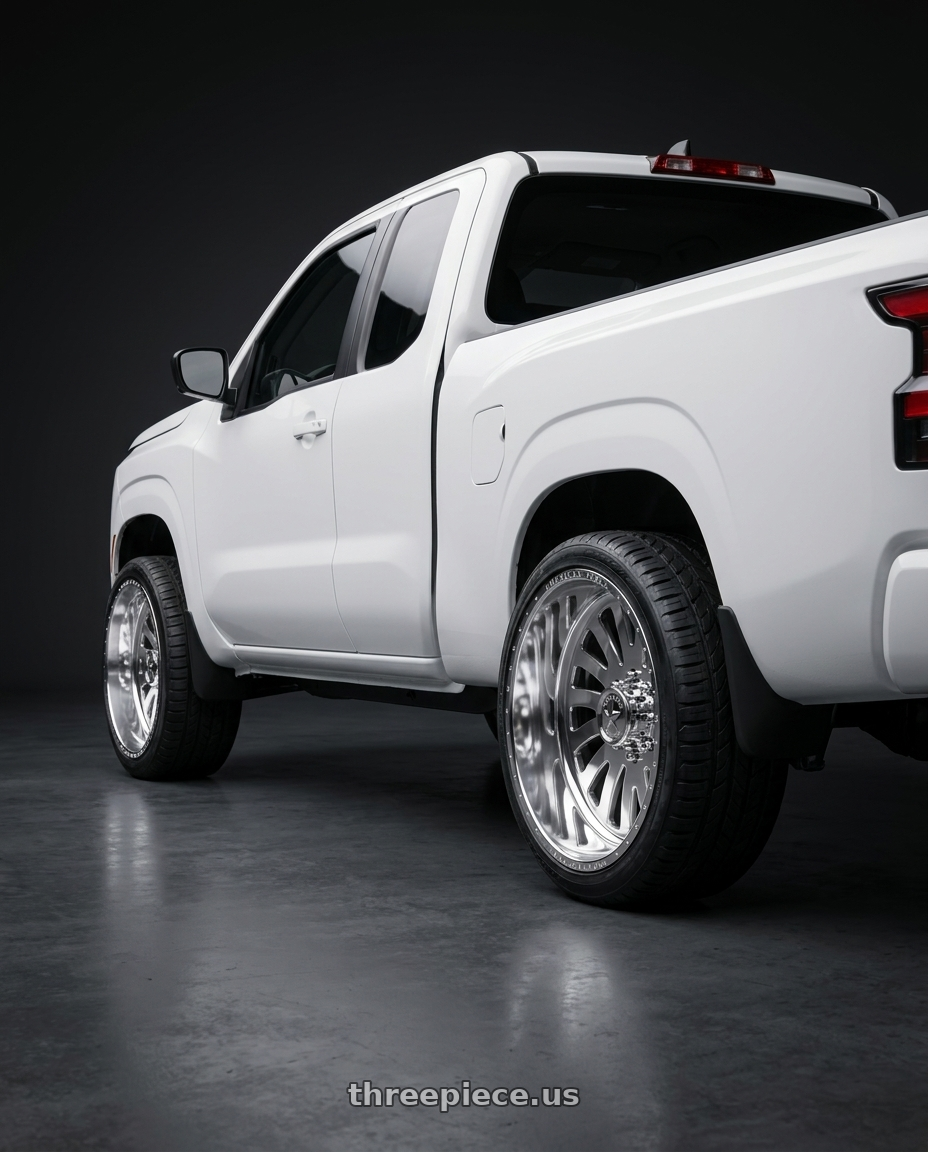 2025 Nissan frontier kingcab with American Force AFW 74 OCTANE SS 8X180 22X10 -25 POLISHED wheels rear three quarter view slight stretch tires