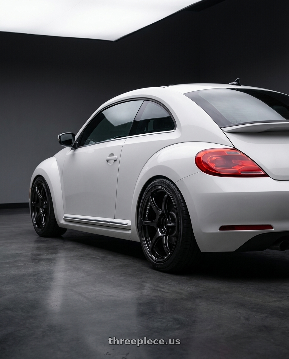 2016 Volkswagen Beetle Turbo with Advan RGIII 5x112 18x8+42 Gloss Black wheels rear three quarter view square tires