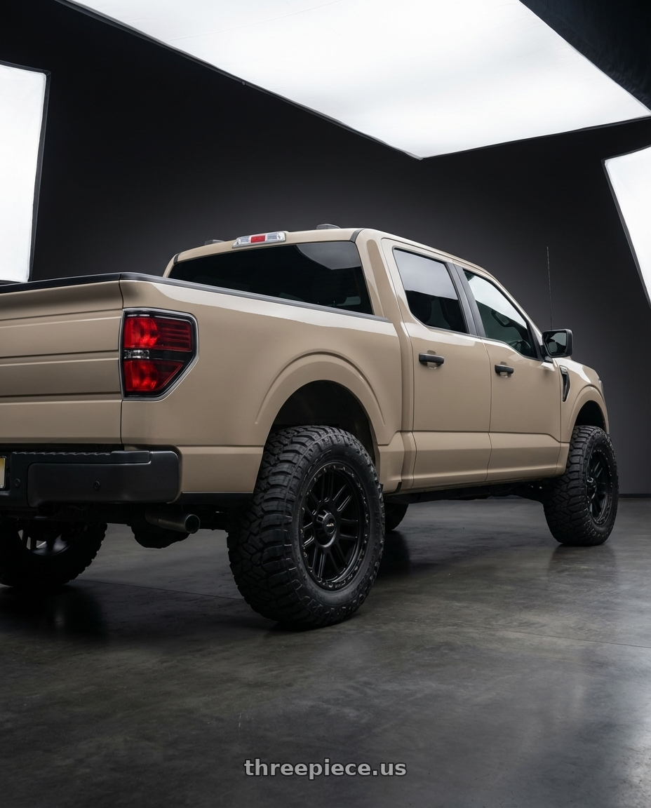 2013 Ford F-150 with Vision Off-Road 111 Nemesis 6x135 20x9+0 Matte Black wheels rear three quarter view meaty tires