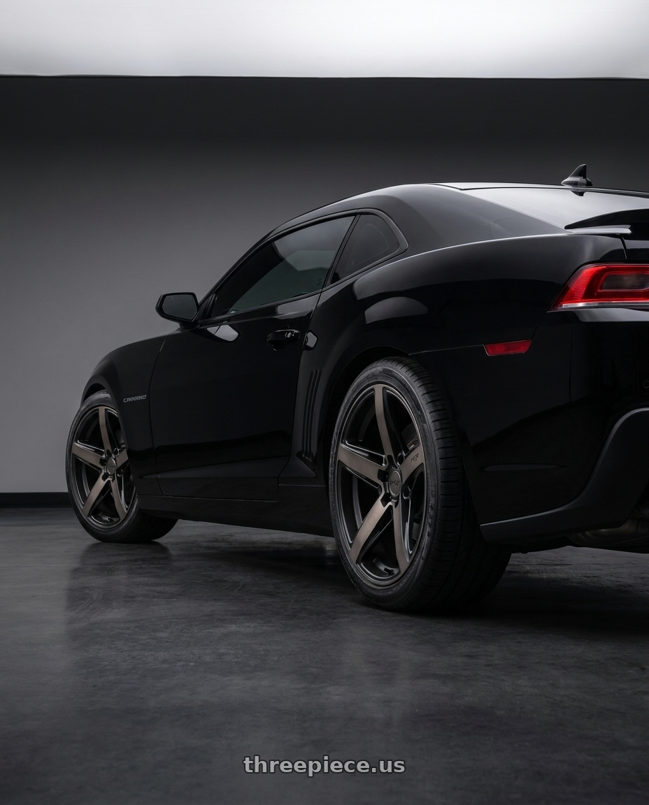 2015 Chevrolet Camaro SS Coupe with Niche 1PC M271 TERAMO 5X120 20X10.5 +35 MATTE BLACK WITH DOUBLE DARK TINT FACE wheels rear three quarter view square tires