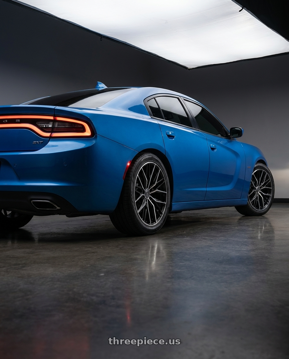 2016 Dodge Charger SXT with AXE WHEELS EX55 5x115 22x9 +25 Black And Polished Face wheels rear three quarter view square tires