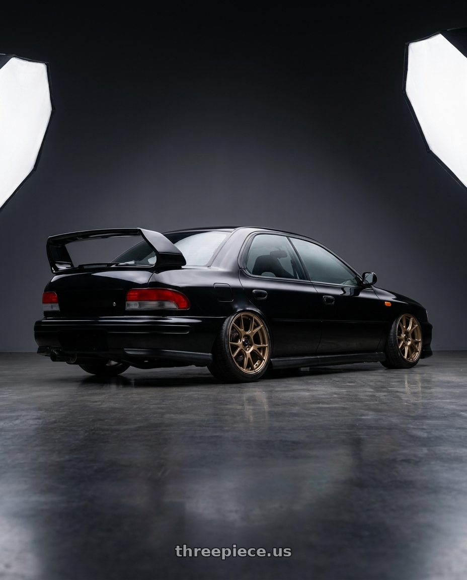 1998 Subaru Impreza GC8 with Konig Ampliform 5x100 18x8.5+44 Gloss Bronze wheels rear three quarter view slight stretch tires