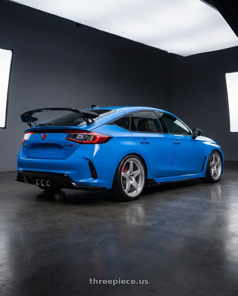 2024 Honda Civic Type R with ESR Wheels APEX SERIES AP5 5x120 19x9.5 +35 Hyper Silver wheels rear three quarter view square tires