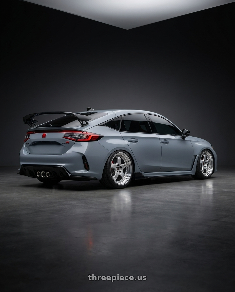 2024 Honda civic type r with Work Meister S1 3P 4x100 17x8.5+29 W Disk Silver wheels rear three quarter view square tires