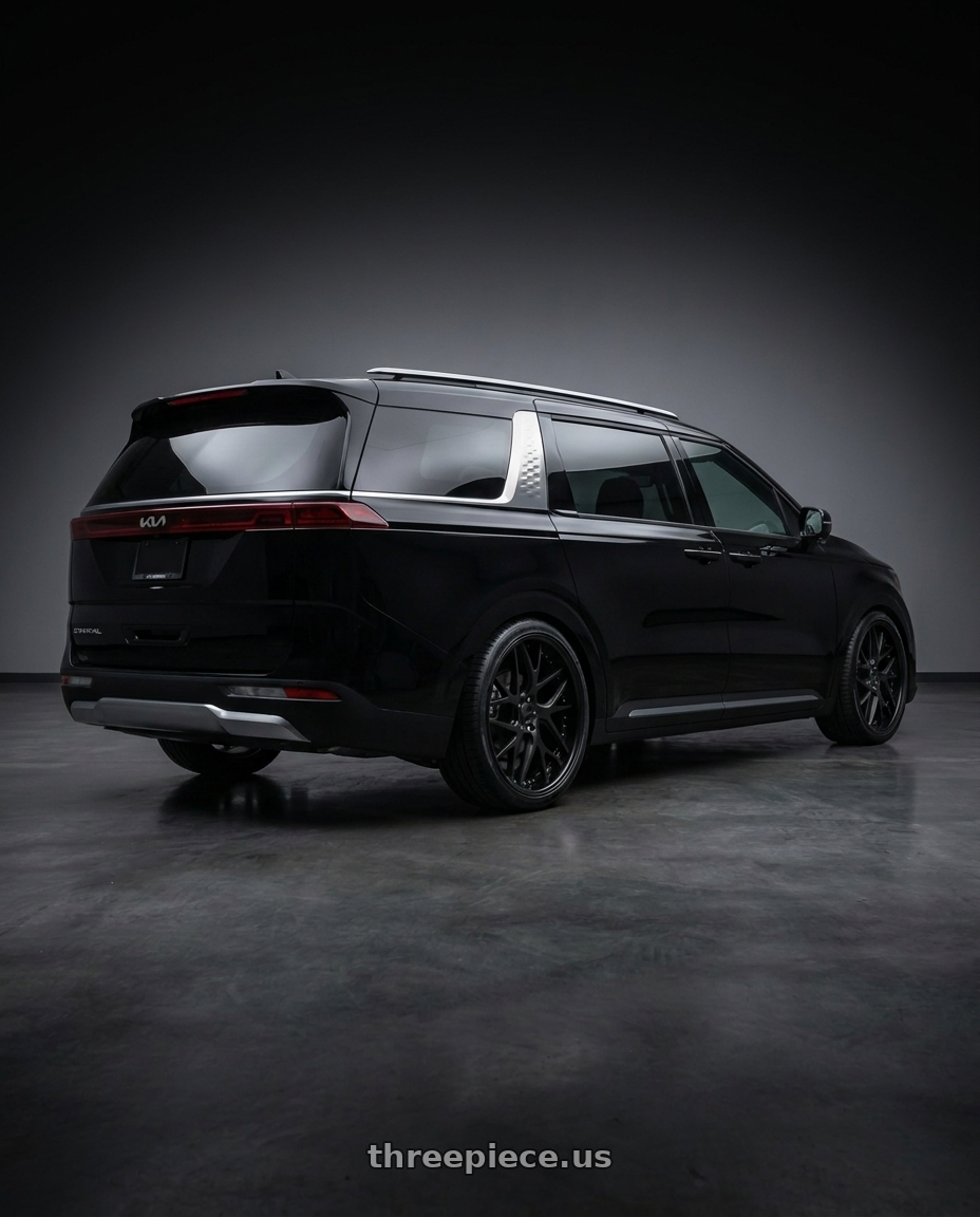 2025 Kia carnival with Work Gnosis Cvx 5x114.3 21x9+45 H Disk Matte Black wheels rear three quarter view slight stretch tires