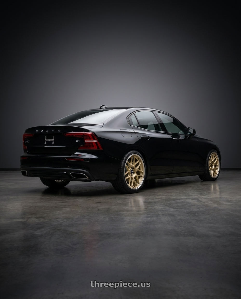 2022 Volvo s60 with Motegi MR158 TSUBAKI 5X108 18x8.5 +42 MOTORSPORT GOLD W/ MACHINED LIP wheels rear three quarter view square tires
