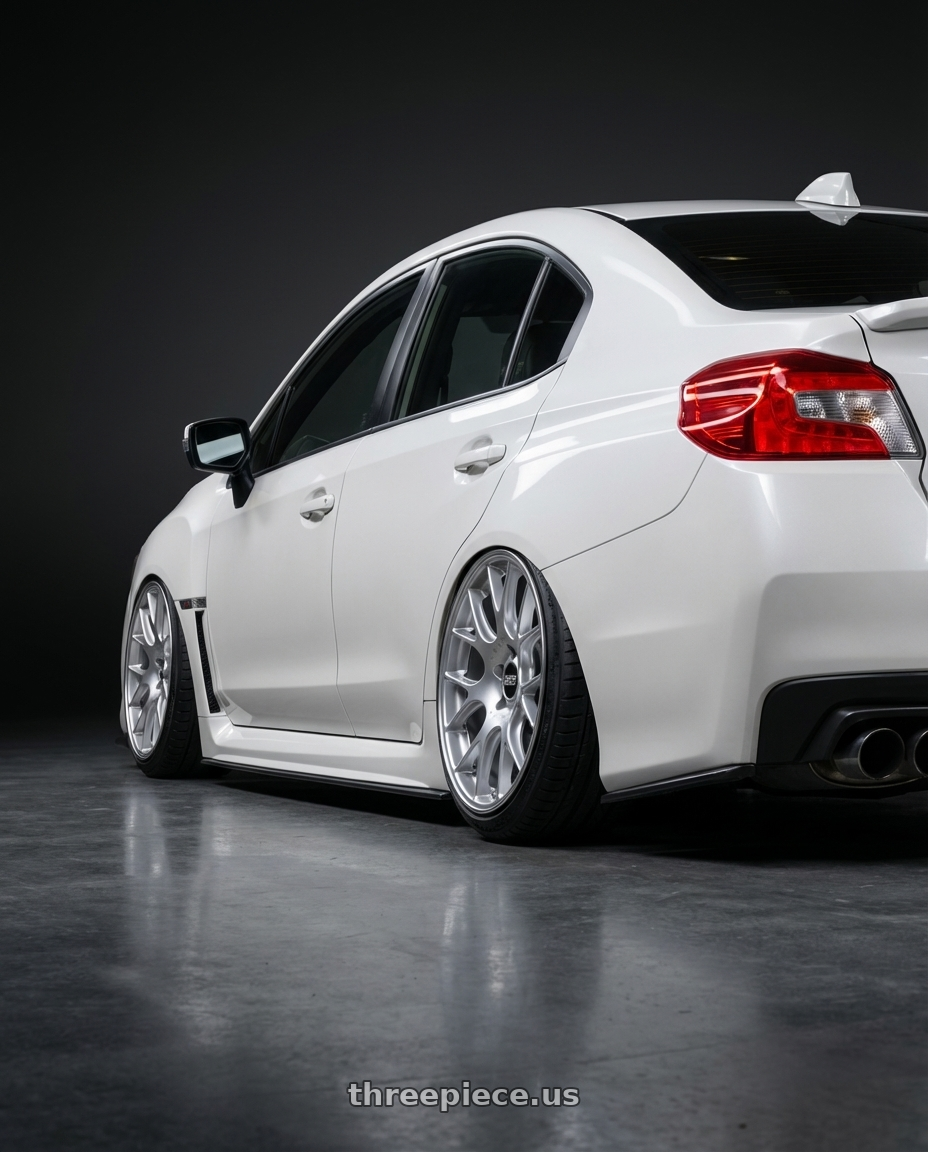 2017 Subaru WRX Limited, Crystal Pearl White with BBS CH-R 5x114.3 19x8 +38 Brilliant Silver Polished Rim Protector wheels rear three quarter view extreme stretch tires