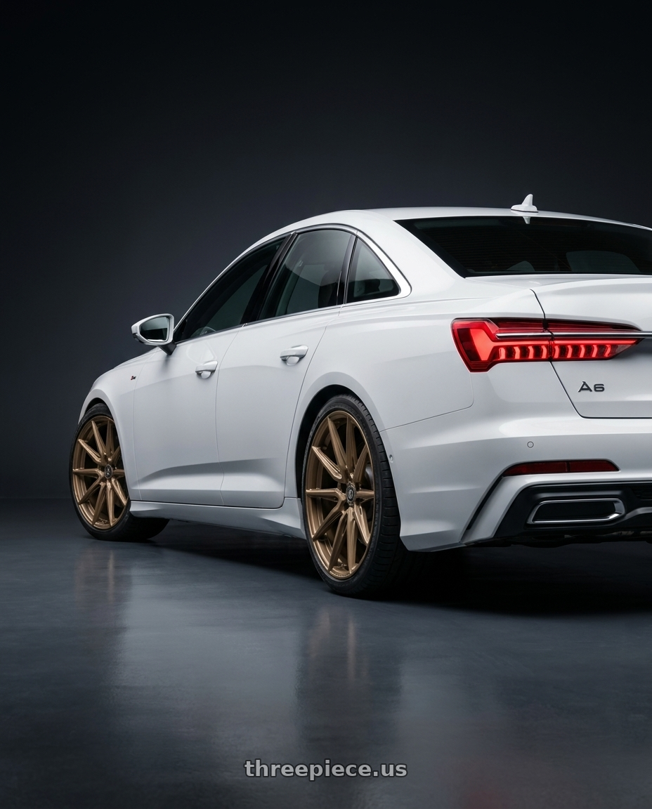 2019 Audi A6 45, white with Brada Wheels CX2 5x112 20x9 +35 Satin Bronze wheels rear three quarter view square tires