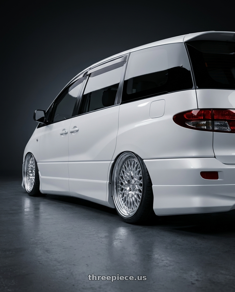 2000 estima acr30w with Work Gran Seeker Ccx 5x114.3 19x8+38 O Disk Machined Silver Polish wheels rear three quarter view slight stretch tires