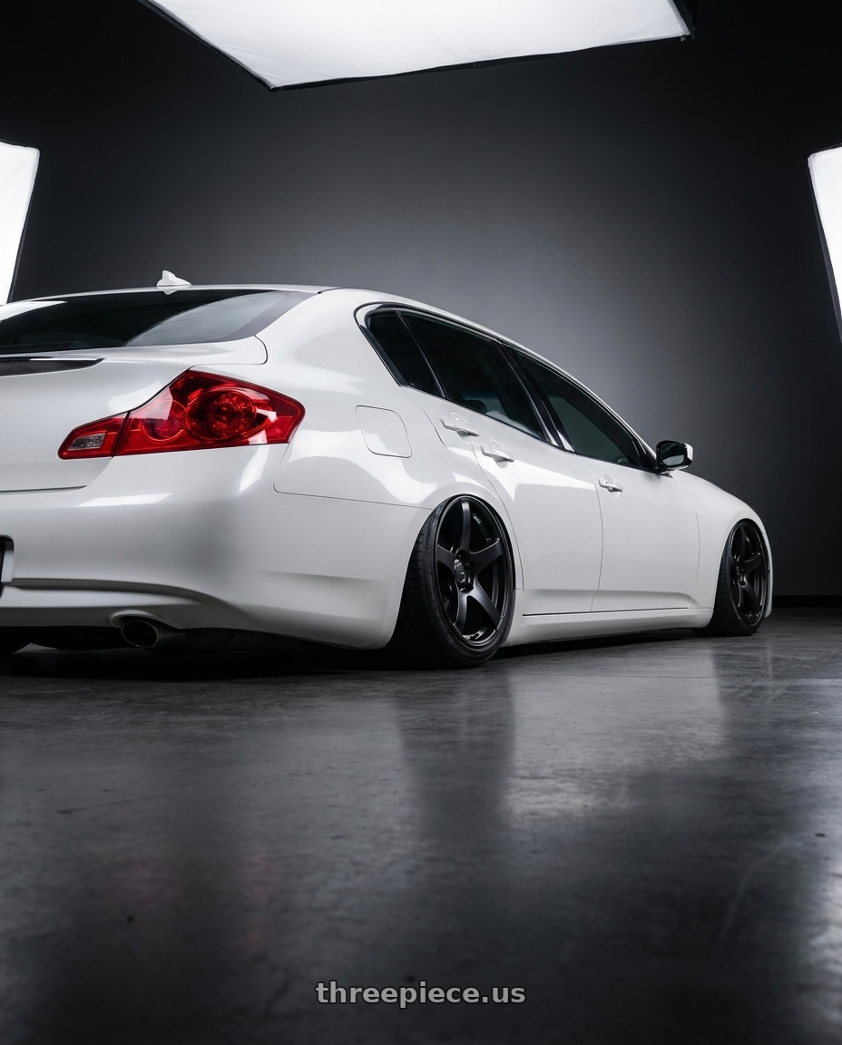 2012 Infiniti G37 with Ssr Gtv01 5x114.3 19x8.5+38  FLAT BLACK wheels rear three quarter view slight stretch tires