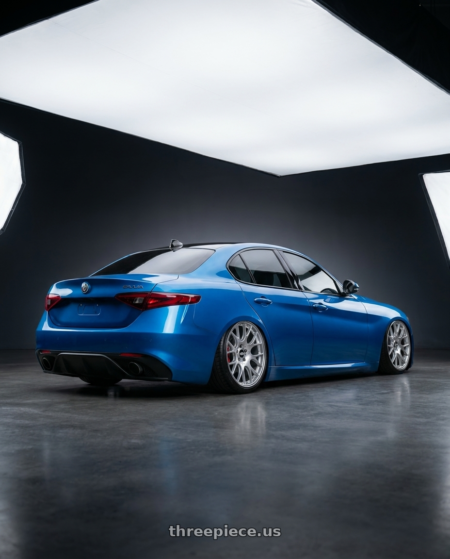 2023 alf romeo Guilia with BBS CH-R 5x130 19x12 +45 Brilliant Silver Polished Rim Protector wheels rear three quarter view slight stretch tires