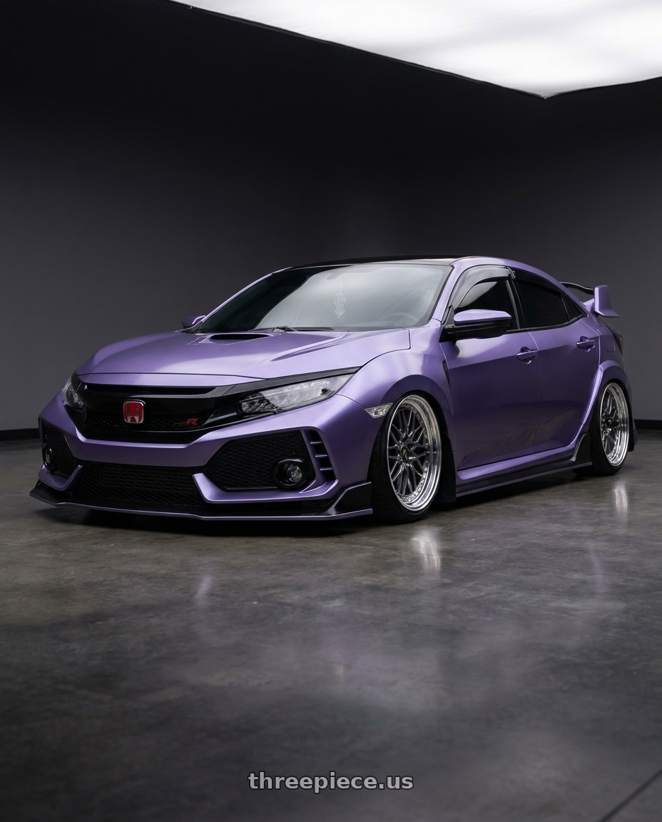 2019 Honda Civic Type R with Work Vs-Xv 5x120 18x9.5+39 R Disk Brilliant Silver Black wheels front three quarter view slammed stance