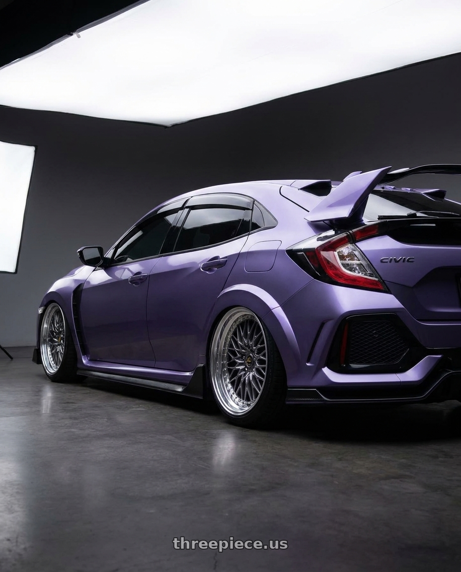 2019 Honda Civic Type R with Work Vs-Xv 5x120 18x9.5+39 R Disk Brilliant Silver Black wheels rear three quarter view slight stretch tires