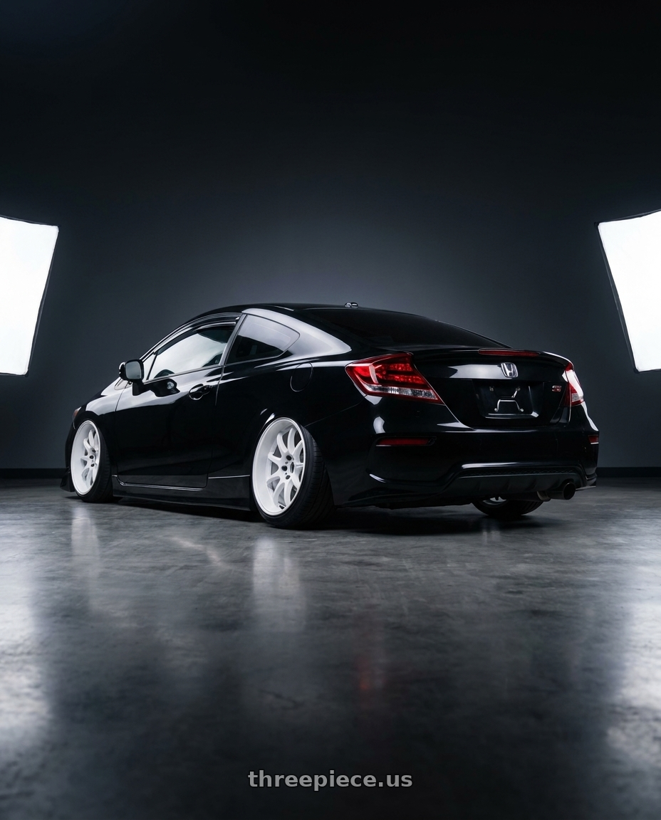 2014 honda civic9 with Work Emotion D9r 5x100 18x10.5 +15 White wheels rear three quarter view extreme stretch tires