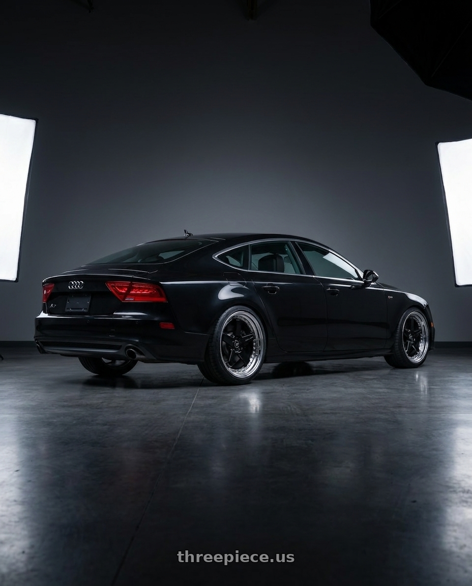 2012 audi A7 with Work Zistance W5s 5x112 20x9+35 w disk Gloss Black wheels rear three quarter view square tires