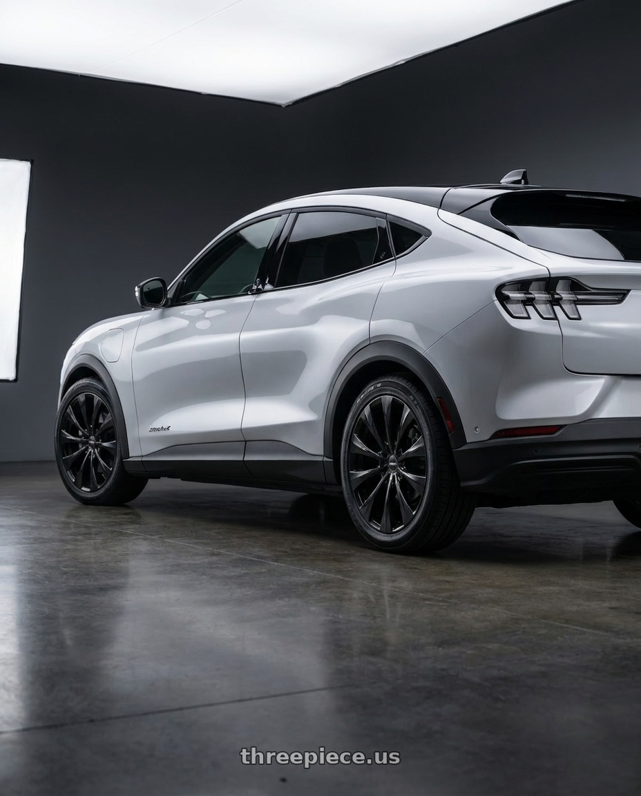 2021 mustang mach e with Motiv 436B 5X108/5x114.3 18x7.5 +42 Gloss Black wheels rear three quarter view square tires