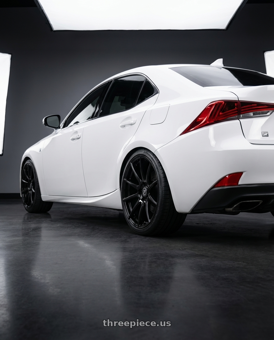 2018 Lexus IS 350 F Sport with Forgestar CF10 5x114.3 19x9 +35 Gloss Black wheels rear three quarter view square tires