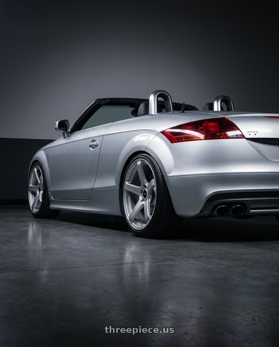 2008 Audi TT with Enkei Kojin 5x114.3 18x8+40 Matte Silver wheels rear three quarter view square tires
