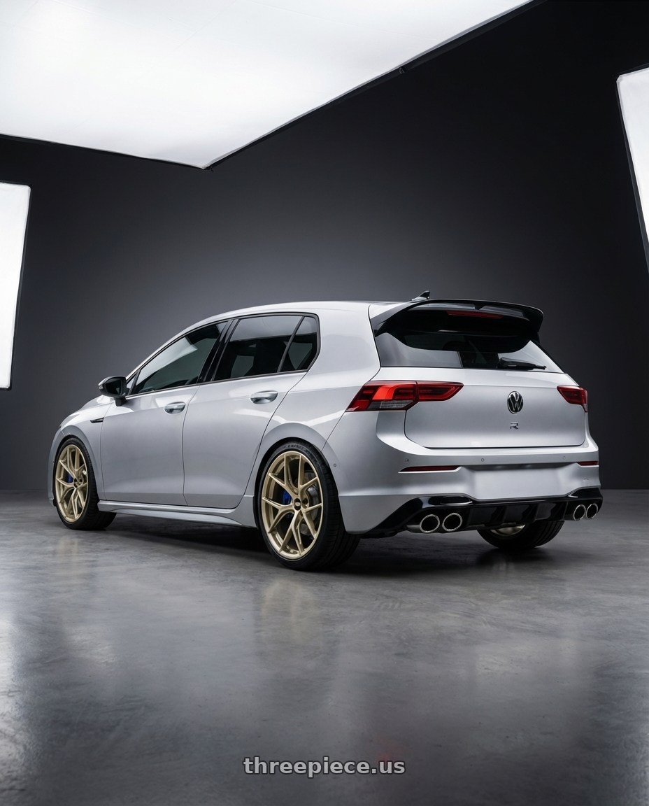 2024 Volkswagen Golf R MK8 with BBS FI-R Evo 5x112 19x9.5+15 White Gold wheels rear three quarter view square tires