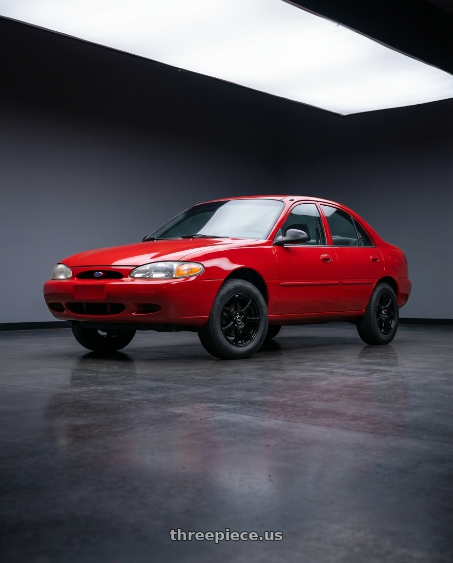 1999 Ford escort with Ns Wheels NS1203 4x100/4x114.3 15x6.5 +38 Gloss Black wheels front three quarter view raised stance