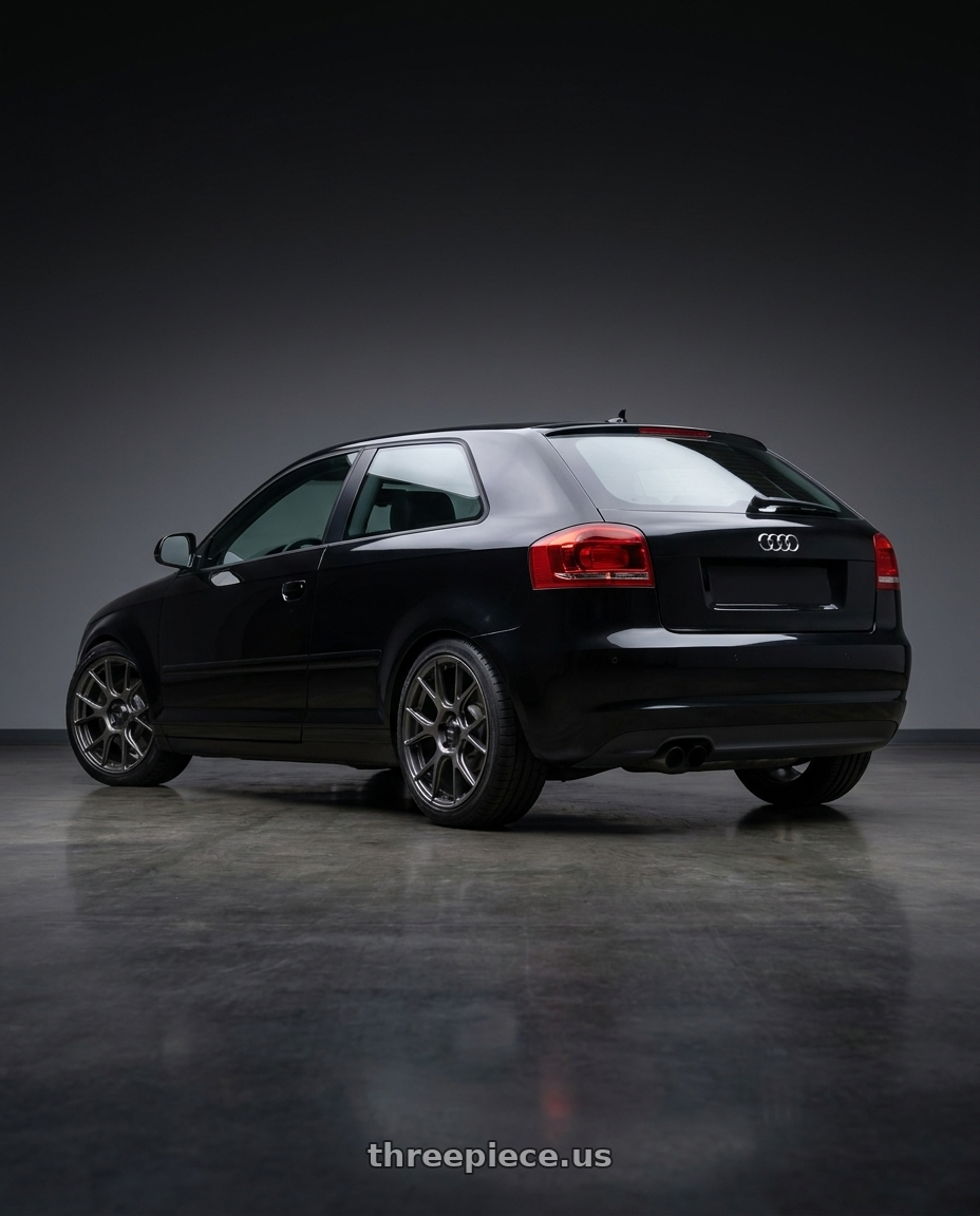 2012 Audi A3 8P with Konig Ampliform 5x112 18x8.5+43 Dark Metallic Graphite wheels rear three quarter view square tires