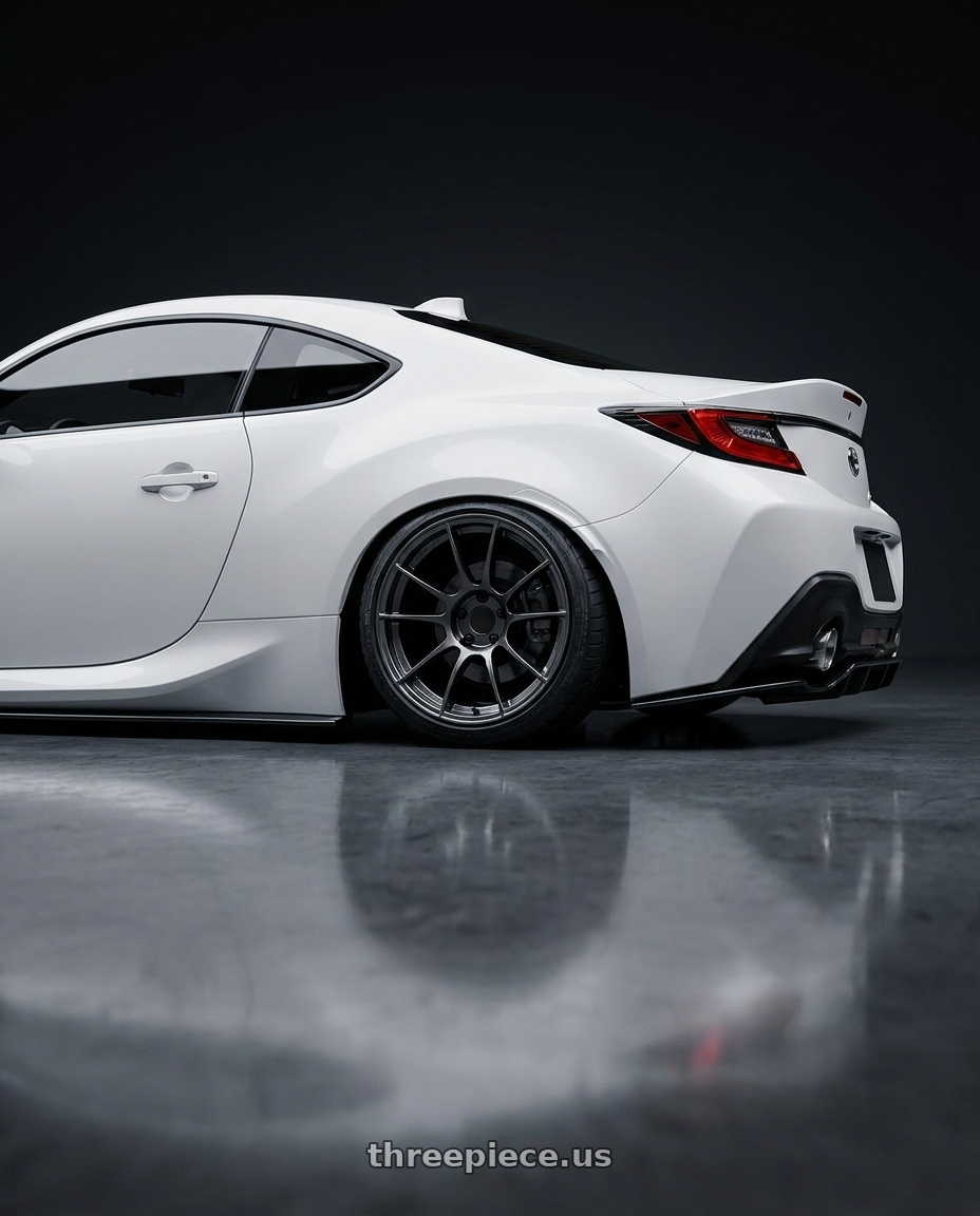 2016 Scion FR-S with Ssr Gtx04 5x100 17x8.5+45  DARK GUNMETAL wheels rear three quarter view slight stretch tires