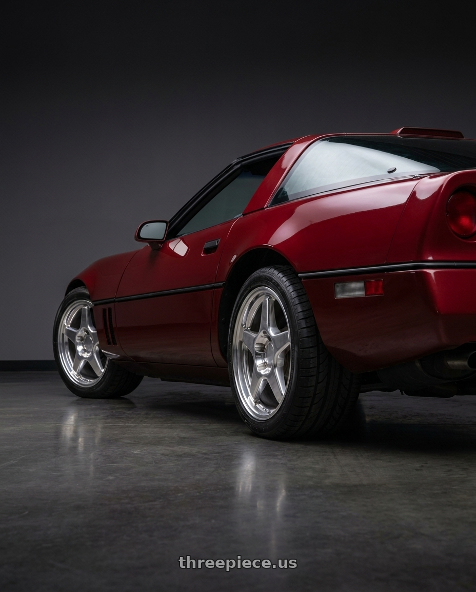 1989 Chevy corvette dark red with OE Wheels CV01 5x120.65 17x9.5+56 Polished wheels rear three quarter view square tires