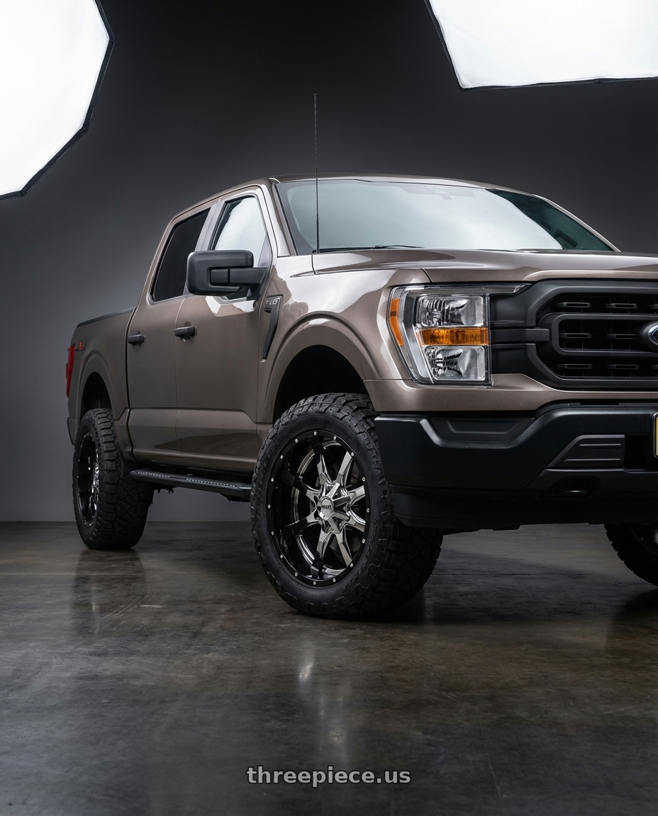 2013 Ford F-150 with Moto Metal MO201 6X135/6X139.7 20X12 -44 CHROME CENTER GLOSS BLACK MILLED LIP wheels front three quarter view stock stance