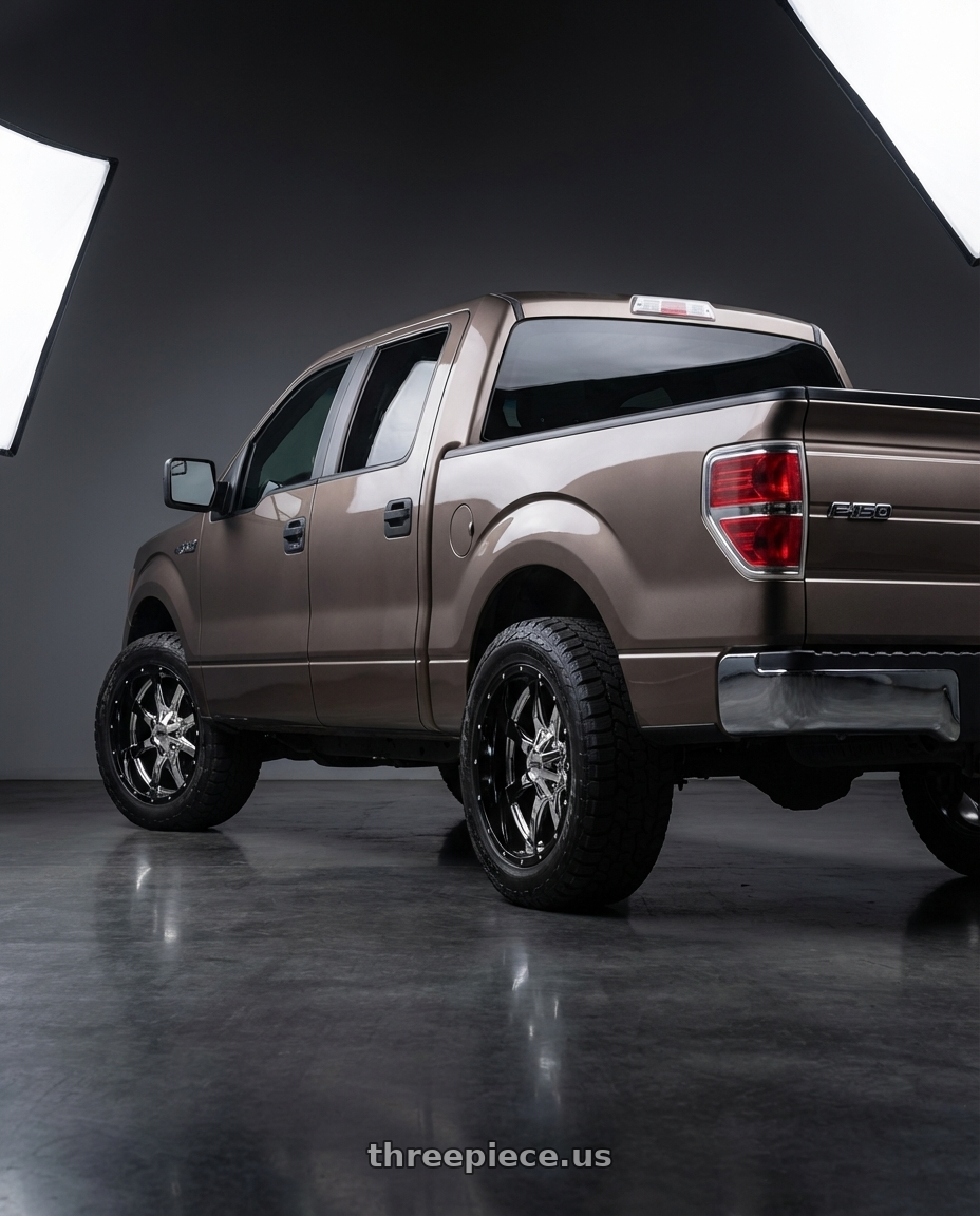 2013 Ford F-150 with Moto Metal MO201 6X135/6X139.7 20X12 -44 CHROME CENTER GLOSS BLACK MILLED LIP wheels rear three quarter view meaty tires