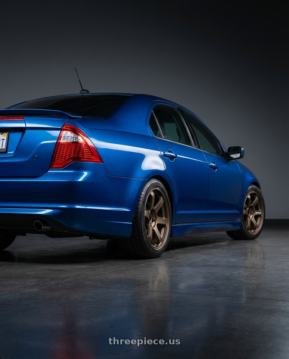2011 Ford Fusion Sport, Blue Flame with Volk Racing TE37 Saga S-Plus 5x114.3 18x7.5+48 Bronze wheels rear three quarter view square tires