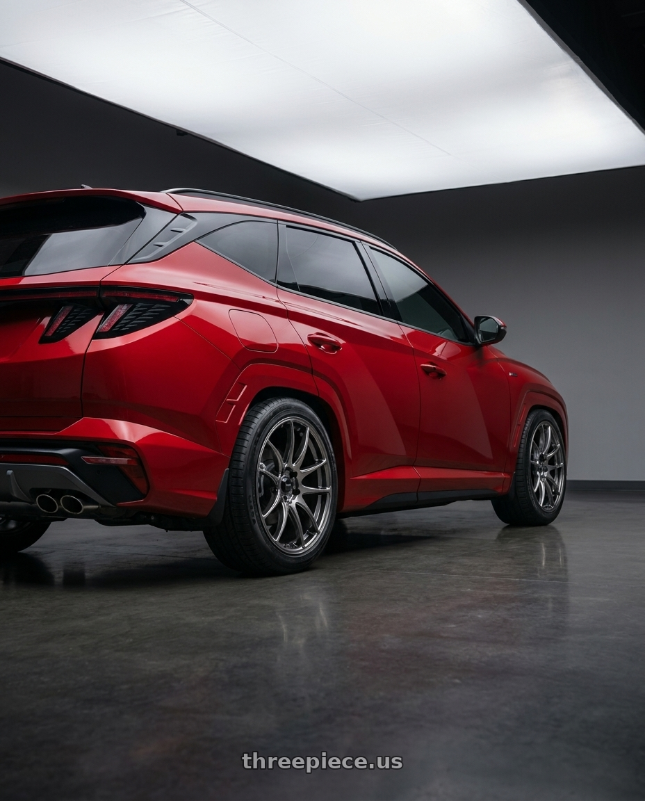 2022 Hyundai Tucson N line with Vors TR4 5x100 17x8  +35 Hyper Black wheels rear three quarter view square tires