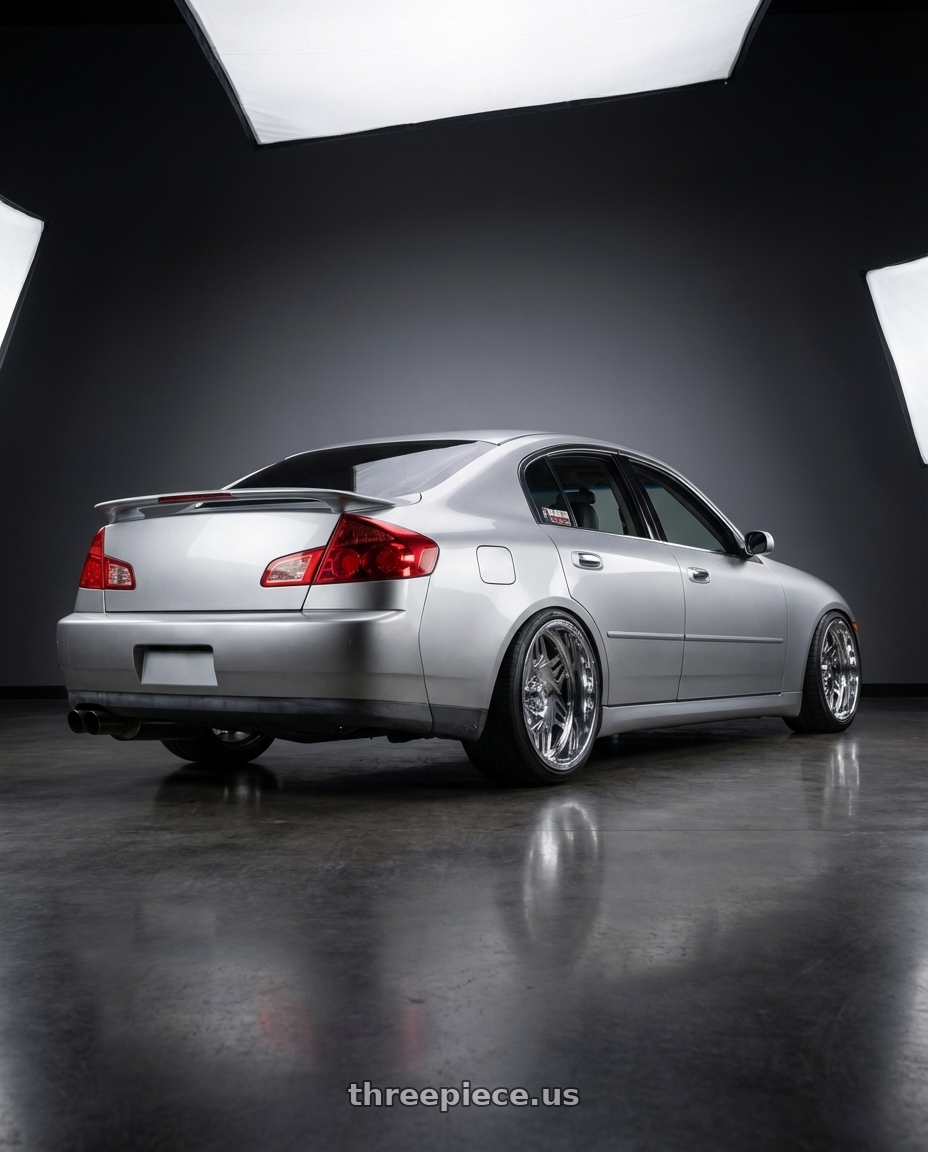 2003 Infiniti G35  with American Truxx Forged Orion ATF1908 8x165.1 24x14-76 Polished wheels rear three quarter view slight stretch tires