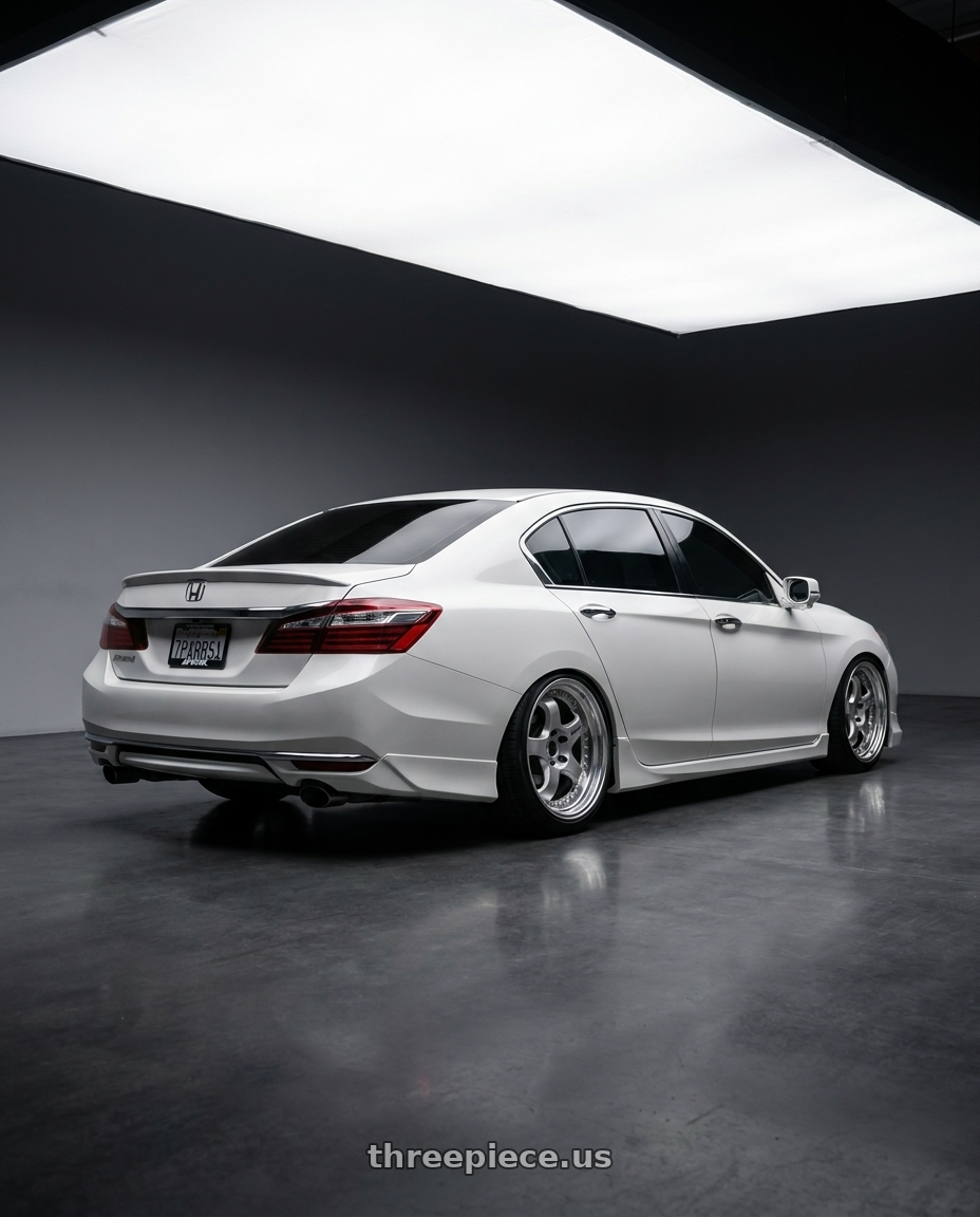 2016 Honda accord with Work Meister S1 3P 4x100 18x15-58 R Disk Silver wheels rear three quarter view square tires
