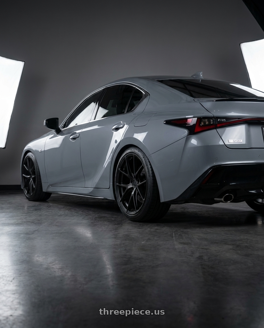 2021 Lexus IS350 Cloudburst Grey with Aodhan AFF7 5x112 18x8.5+35 Matte Black wheels rear three quarter view square tires