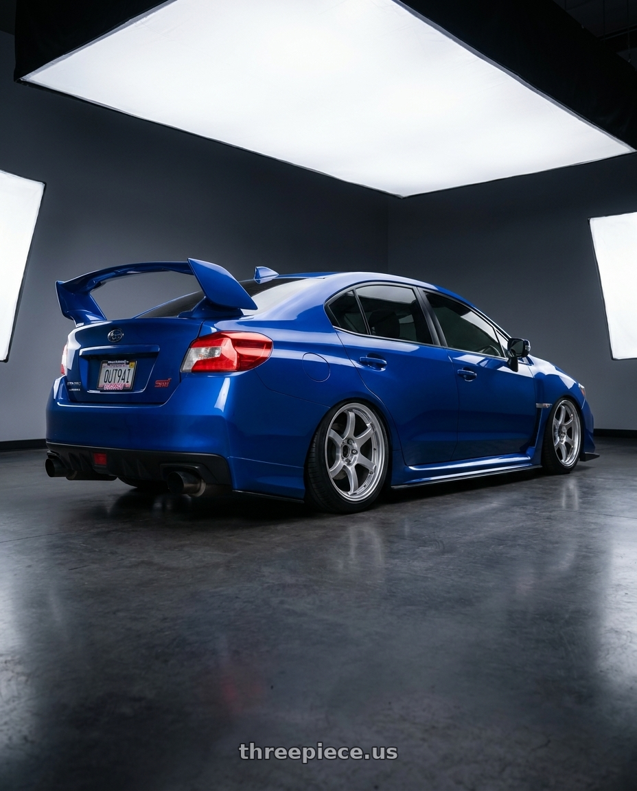 2017 Subaru wrx sti with Gram Lights 57DR 5x114.3 18x9.5+38 Grace Silver wheels rear three quarter view square tires