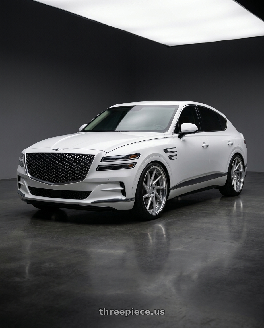 2027 Genesis GV80 with Work Gnosis Cvs 5x114.3 22x9+30 A Disk Matte Silver wheels front three quarter view lowered stance