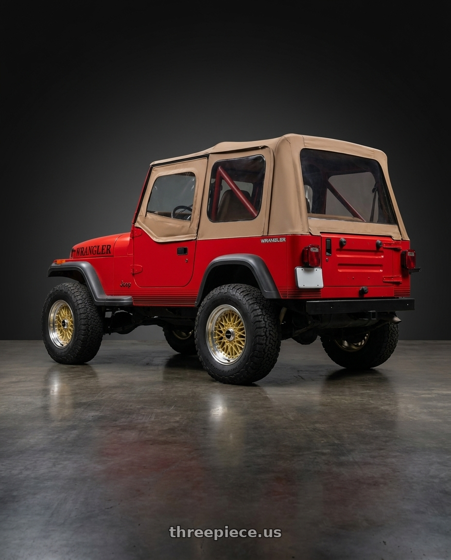 1989 Jeep Wrangler with Vors VR3 5x114.3 16x8  +20 Gold Machine Lip Gold Rivet wheels rear three quarter view meaty tires