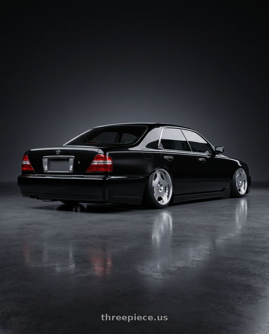 1997 Nissan cedric with Work Lanvec Ld1 5x114.3 19x8+12 A Disk Machine Silver Polish wheels rear three quarter view slight stretch tires