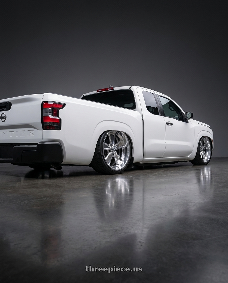 2021 nissan frontier double cab rwd with Boyd Coddington BC2P Speedster 5x114.3 18x7 +0 High Polish wheels rear three quarter view extreme stretch tires
